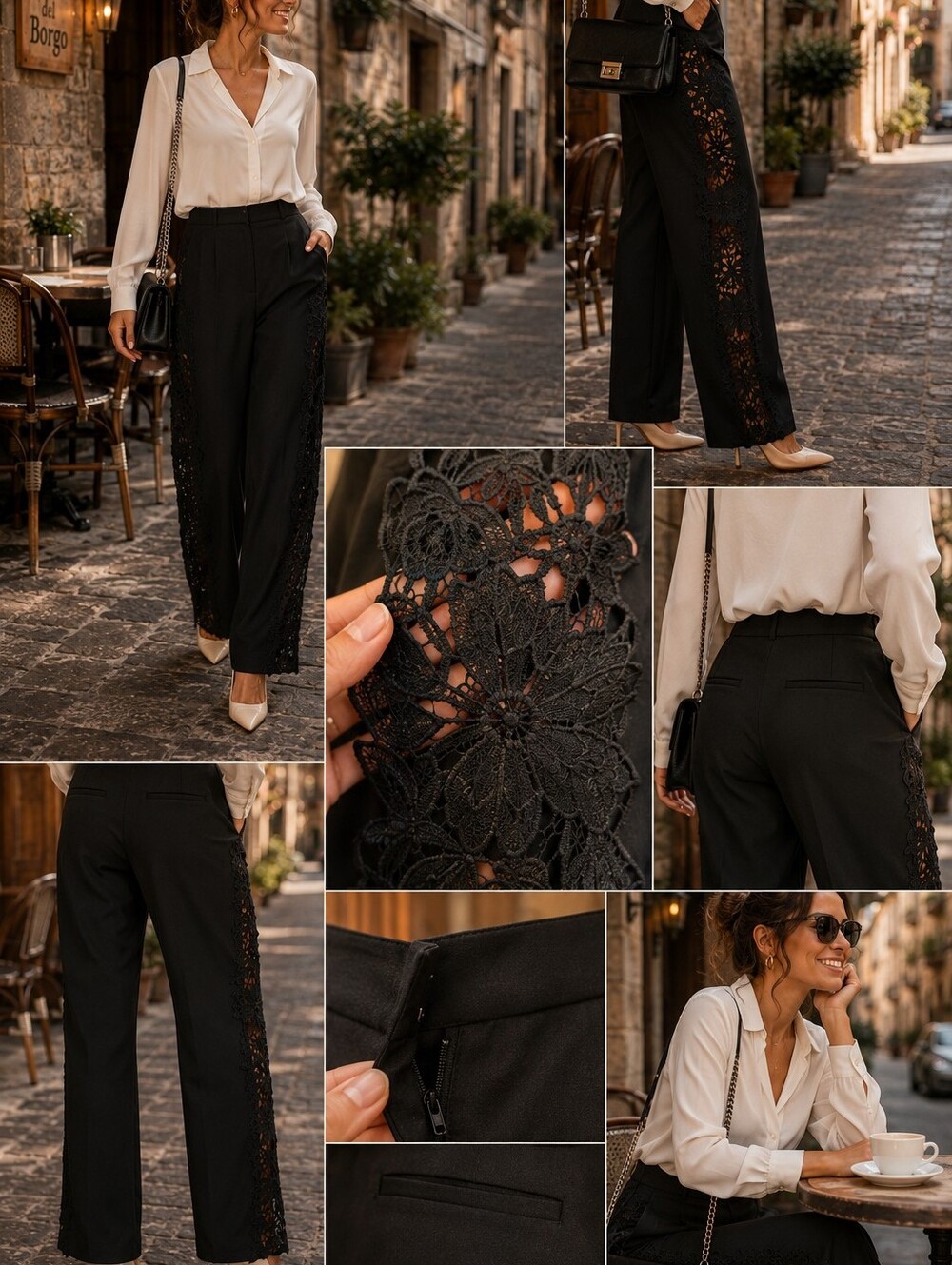Black Lace Side Wide-Leg Pants, NWT, L